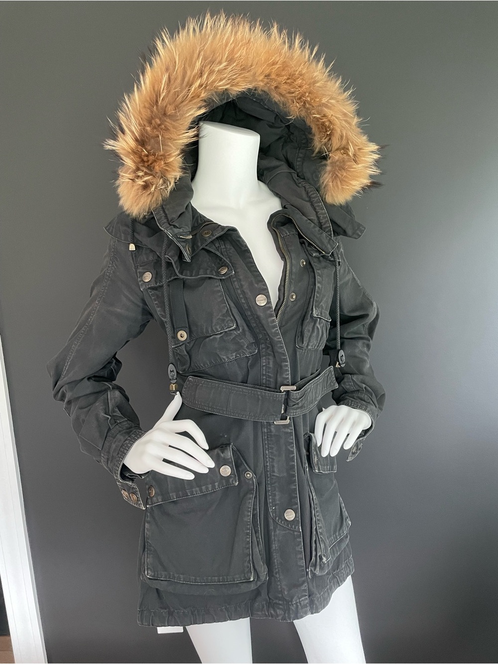 JUST CAVALLI Vintage Black Cotton & Rabbit Fur Trimmed Hood Parka Jacket Coat 38